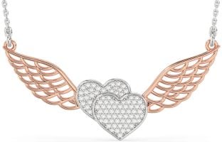 Large Diamond White Rose Gold Heart Wings Necklace