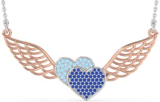 Large Blue Sapphire & Aquamarine Platinum & Rose Gold Heart Wings Necklace