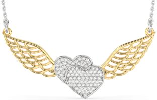 Large Diamond White Yellow Gold Heart Wings Necklace