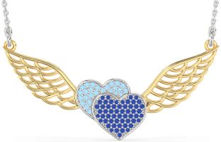 Large Blue Sapphire & Aquamarine White Yellow Gold Heart Wings Necklace