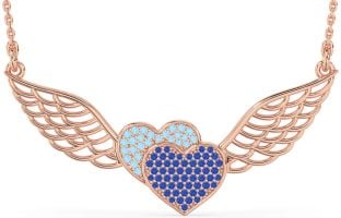 Large Blue Sapphire & Aquamarine Rose Gold Heart Wings Necklace