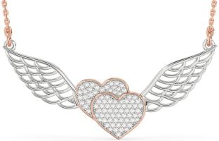 Large Diamond White Rose Gold Heart Wings Necklace