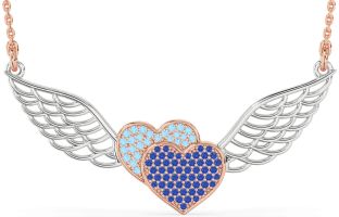 Large Blue Sapphire & Aquamarine Platinum & Rose Gold Heart Wings Necklace