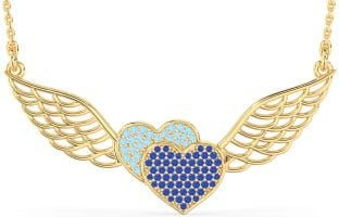 Large Blue Sapphire & Aquamarine Gold Heart Wings Necklace
