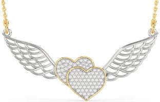 Large Diamond White Yellow Gold Heart Wings Necklace