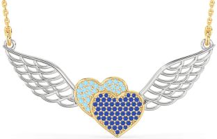 Large Blue Sapphire & Aquamarine White Yellow Gold Heart Wings Necklace
