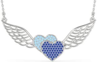 Large Blue Sapphire & Aquamarine Platinum Heart Wings Necklace