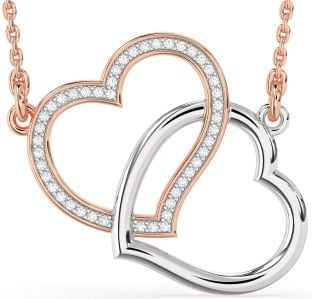 Large Diamond Platinum & Rose Gold Heart Interlock Necklace