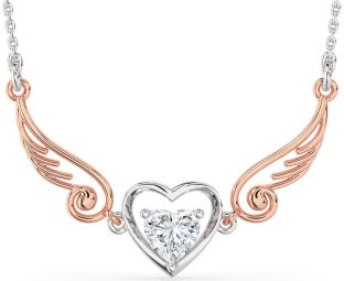 Large Diamond Silver & 10K Rose Gold Heart Wings Necklace