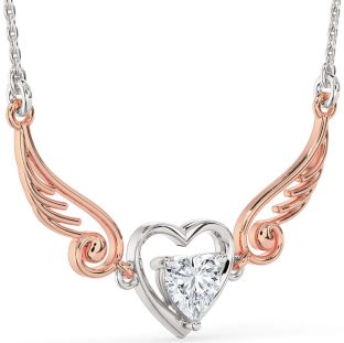 Large Diamond Silver & 10K Rose Gold Heart Wings Necklace