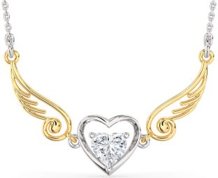 Large Diamond Silver & 10K gold Heart Wings Necklace
