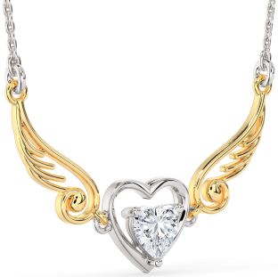 Large Diamond Silver & 10K gold Heart Wings Necklace