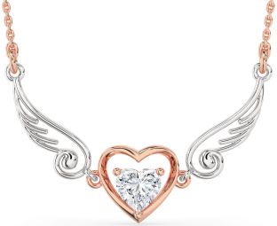 Large Diamond White Rose Gold Heart Wings Necklace