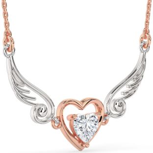 Large Diamond White Rose Gold Heart Wings Necklace