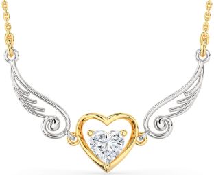 Large Diamond White Yellow Gold Heart Wings Necklace