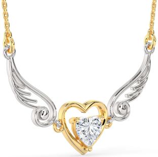Large Diamond White Yellow Gold Heart Wings Necklace