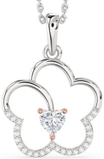 Diamond Silver & 10K Rose Gold Heart Flower Necklace