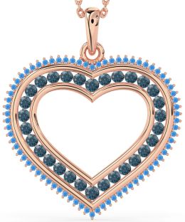 Large London Blue Topaz & Swiss Blue Topaz Rose Gold Silver Heart Necklace
