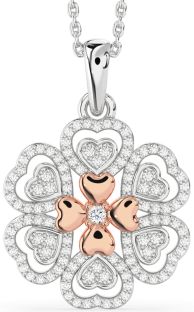 Diamond Silver & 10K Rose Gold Heart Flower Necklace
