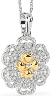 Diamond Silver & 10K gold Heart Flower Necklace
