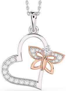 Large Diamond Platinum & Rose Gold Heart Butterfly Necklace