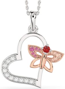 Large Diamond Platinum & Rose Gold Heart Butterfly Necklace