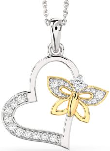 Large Diamond Silver & 10K gold Heart Butterfly Necklace
