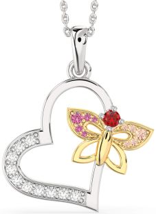 Large Diamond Platinum & Yellow Gold Heart Butterfly Necklace