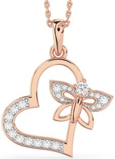 Large Diamond Rose Gold Heart Butterfly Necklace