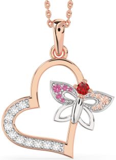 Large Diamond Platinum & Rose Gold Heart Butterfly Necklace