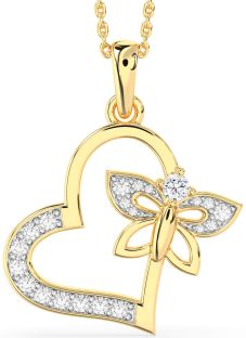 Large Diamond Gold Heart Butterfly Necklace