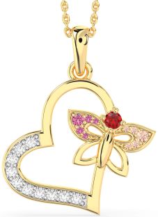 Large Diamond Gold Heart Butterfly Necklace