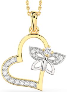 Large Diamond Platinum & Yellow Gold Heart Butterfly Necklace
