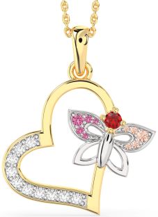 Large Diamond Platinum & Yellow Gold Heart Butterfly Necklace