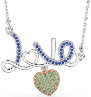 Large Emerald & Blue Sapphire White Rose Gold Heart Necklace