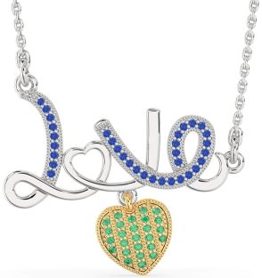 Large Emerald & Blue Sapphire White Yellow Gold Heart Necklace