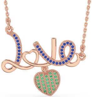 Large Emerald & Blue Sapphire Rose Gold Heart Necklace