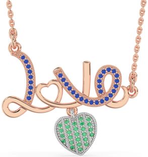 Large Emerald & Blue Sapphire Platinum & Rose Gold Heart Necklace