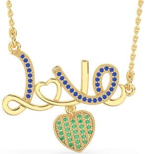 Large Emerald & Blue Sapphire Gold Heart Necklace