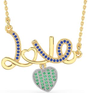 Large Emerald & Blue Sapphire White Yellow Gold Heart Necklace