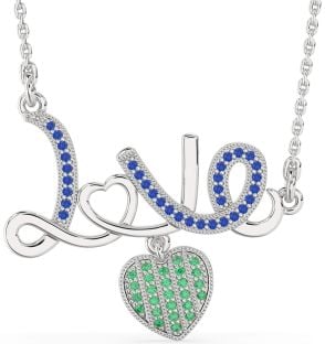 Large Emerald & Blue Sapphire Platinum Heart Necklace