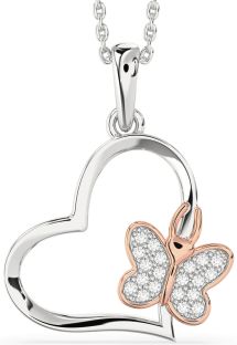 Diamond White Rose Gold Heart Butterfly Necklace