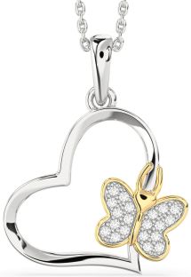 Diamond Silver & 10K gold Heart Butterfly Necklace