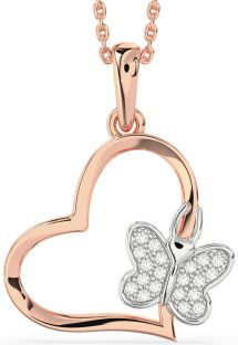 Diamond Platinum & Rose Gold Heart Butterfly Necklace