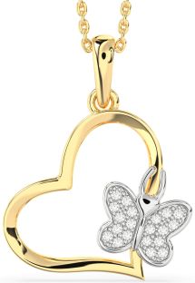 Diamond White Yellow Gold Heart Butterfly Necklace