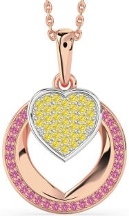 Yellow Diamond & Pink Sapphire Platinum & Rose Gold Heart Circle Necklace