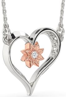 Diamond Platinum & Rose Gold Heart Sun Necklace