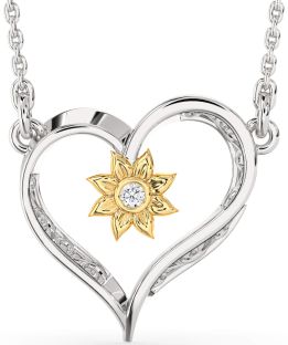 Diamond Silver & 10K gold Heart Sun Necklace
