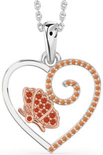 Fire Opal & Citrine White Rose Gold Heart Butterfly Necklace