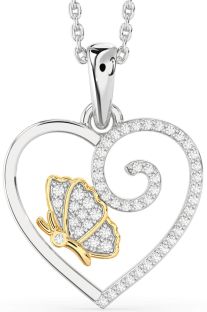 Diamond Silver & 10K gold Heart Butterfly Necklace